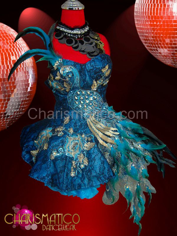 CHARISMATICO Silver and aqua beaded peacock appliqué blue lace dolly dress